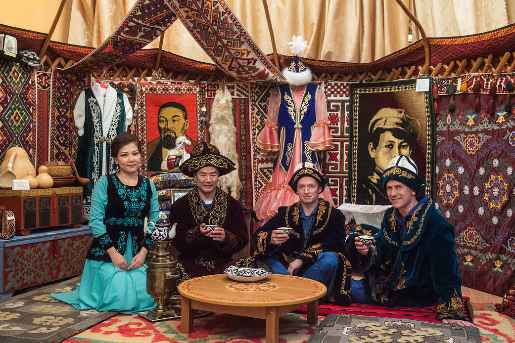 Expedition 60 backup crewmembers in traditional Kazakh garb during pre-launch activities
