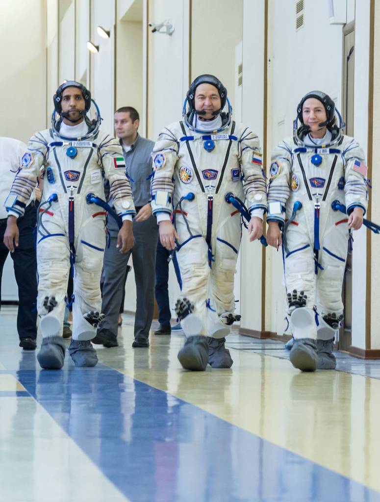 Hazzaa Ali Almansoori, Oleg Skripochka and Jessica Meir report for duty
