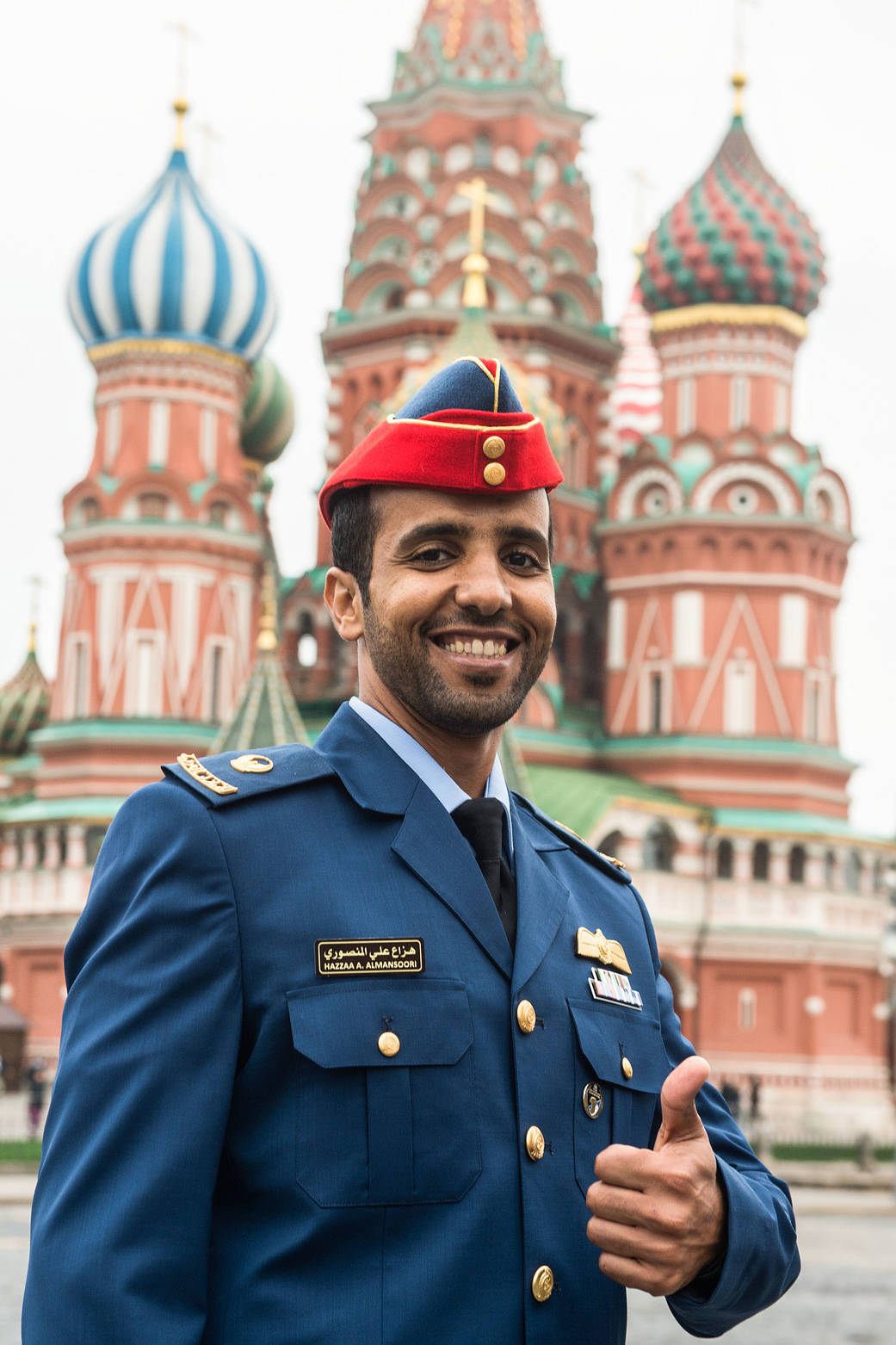 Spaceflight participant Hazzaa Ali Almansoori of the United Arab Emirates during traditional pre-flight activities