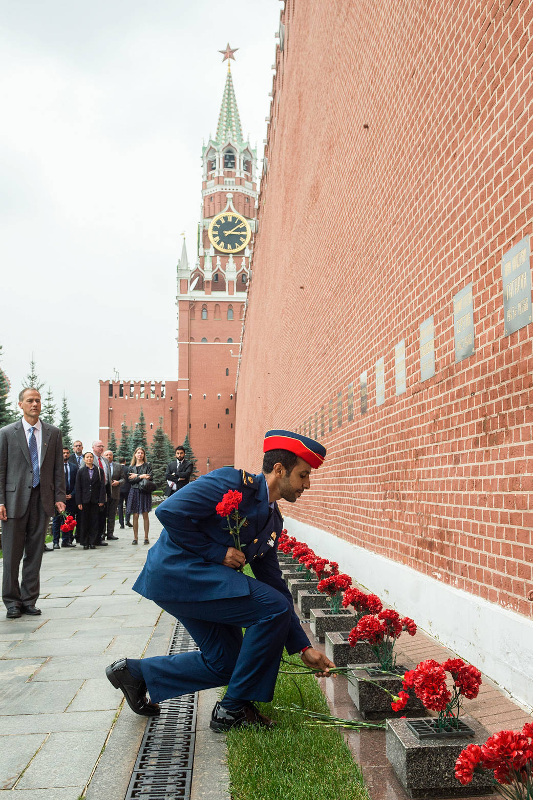 Spaceflight participant Hazzaa Ali Almansoori at the Kremlin Wall in Red Square in Moscow