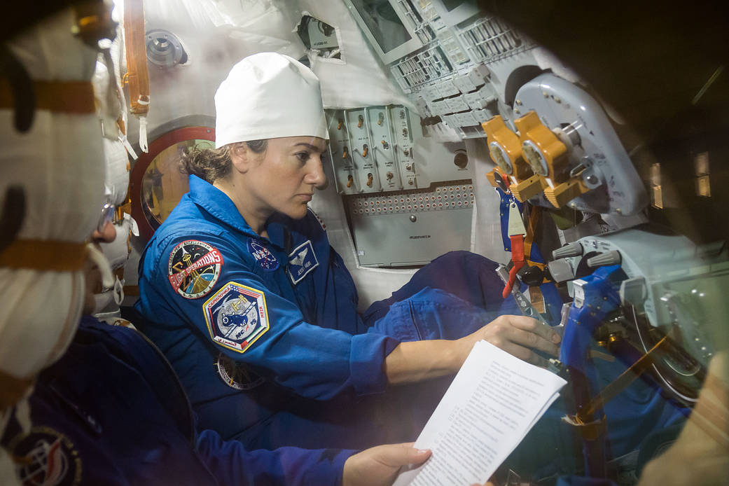 Jessica Meir runs through procedures aboard the Soyuz MS-15 spacecraft