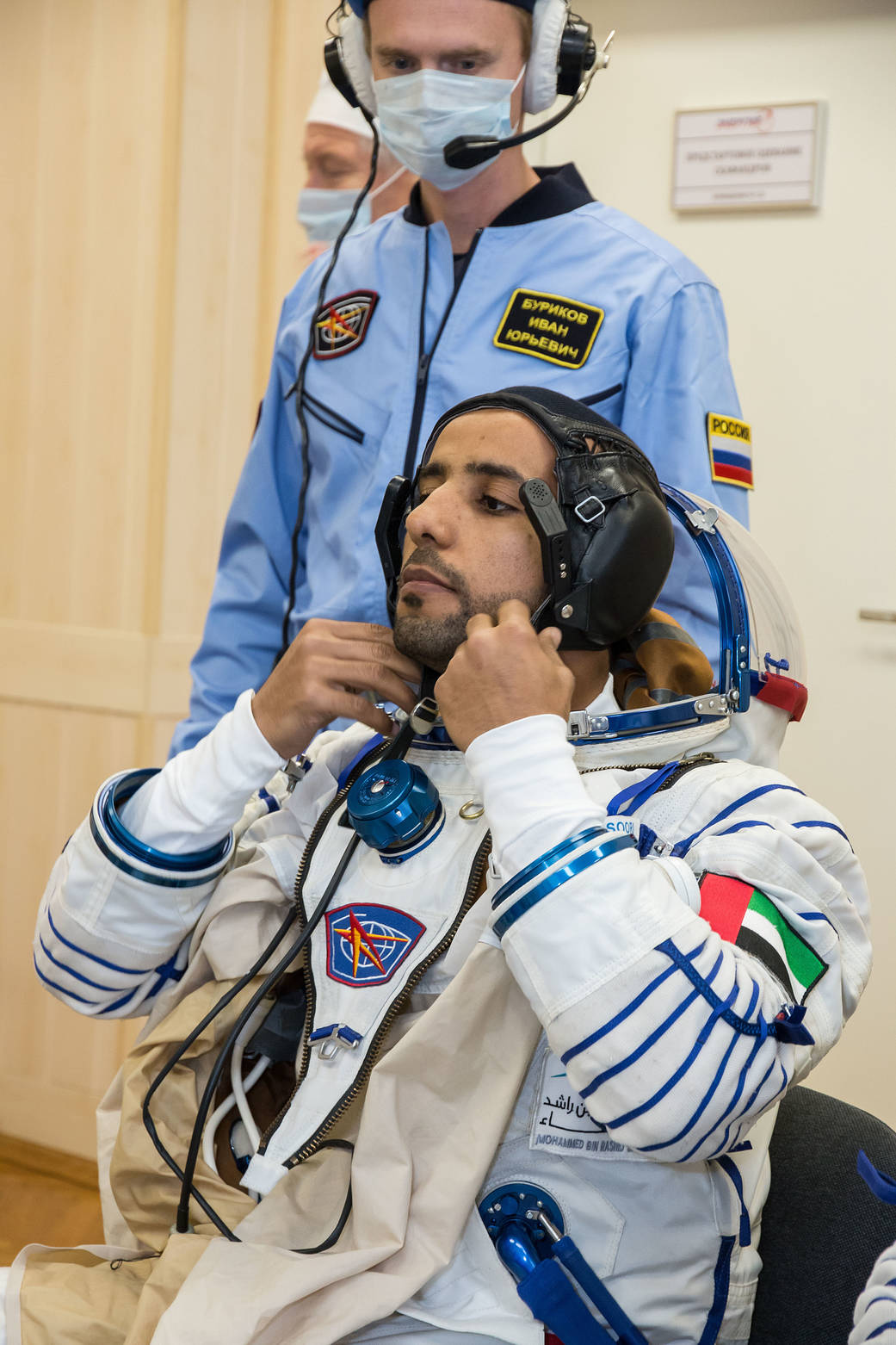 Spaceflight participant Hazzaa Ali Almansoori suits up for a fit check