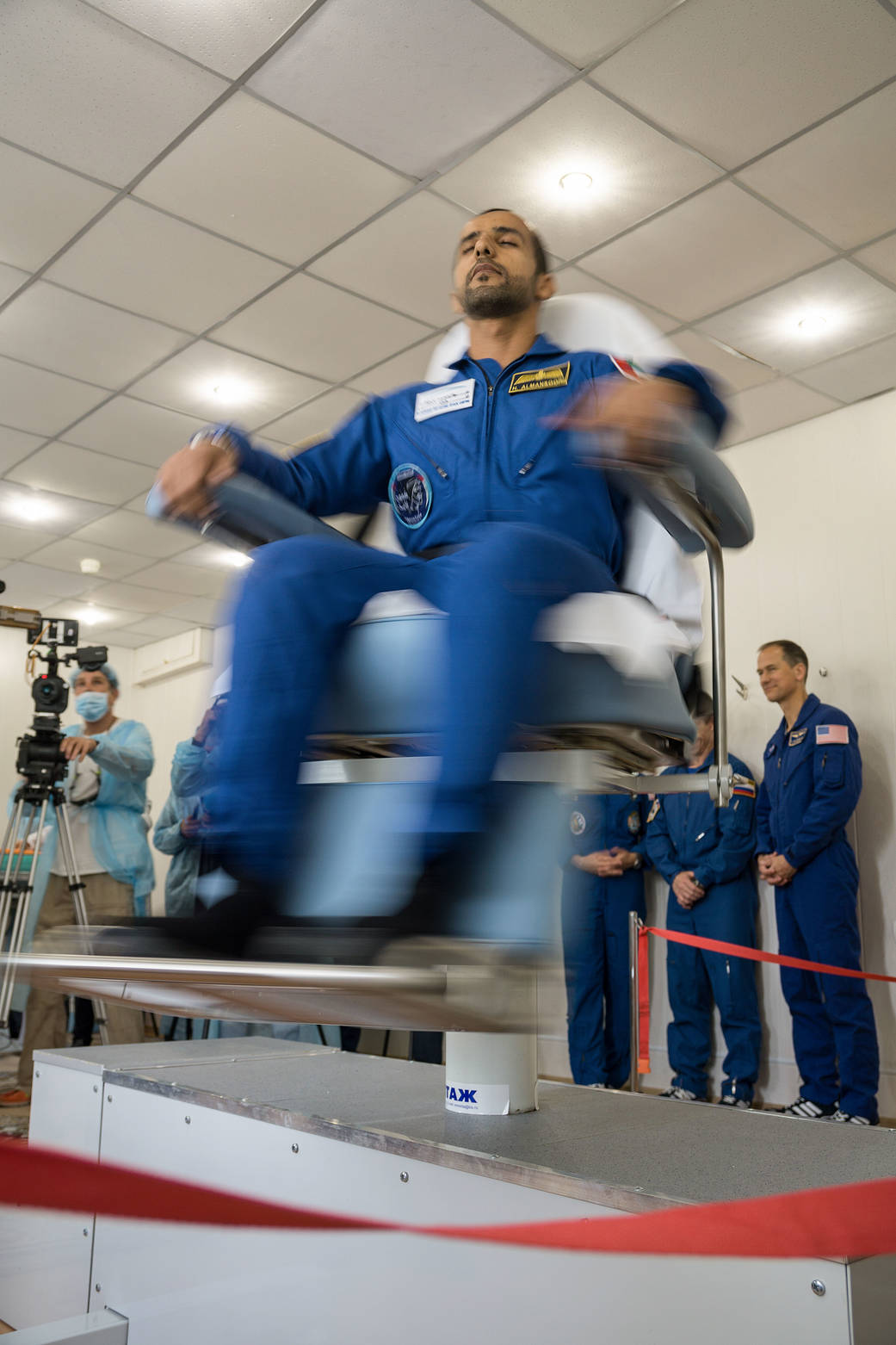 Spaceflight participant Hazzaa Ali Almansoori tests his vestibular system