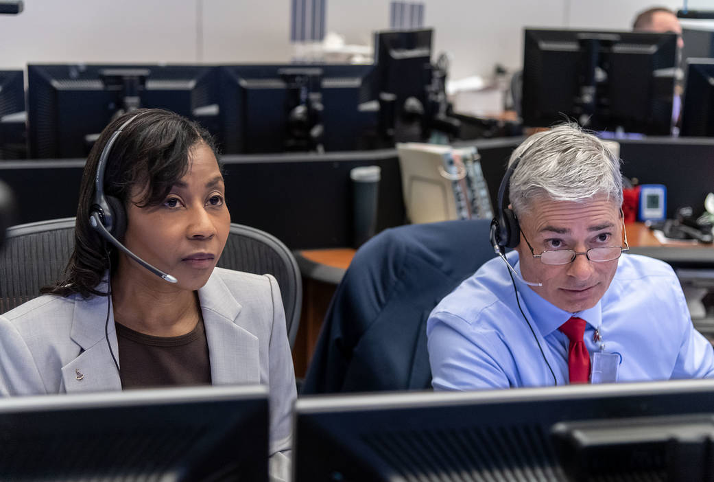 Astronauts Stephanie Wilson and Mark Vande Hei are on the CAPCOM console
