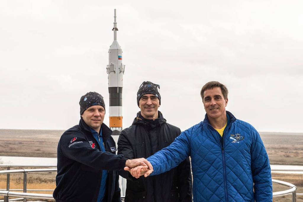 Expedition 63 crewmembers during pre-launch training