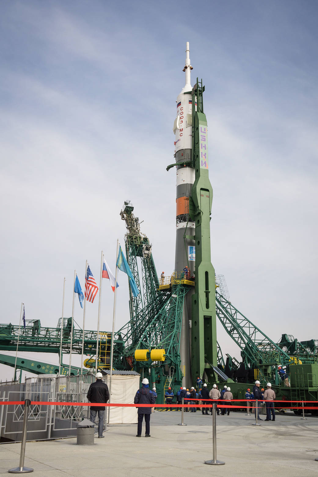 The Soyuz MS-16 spacecraft stands in vertical position