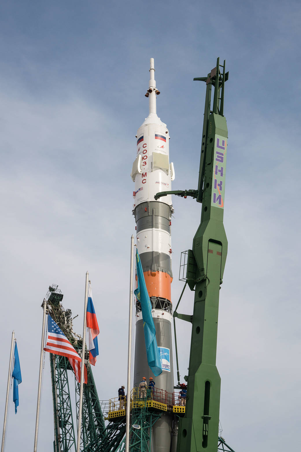 The Soyuz MS-16 spacecraft stands at its launch pad