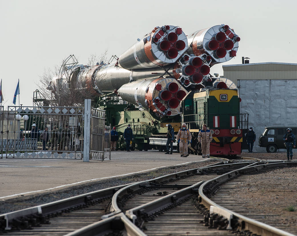 The Soyuz MS-16 spacecraft is transported to the launch pad