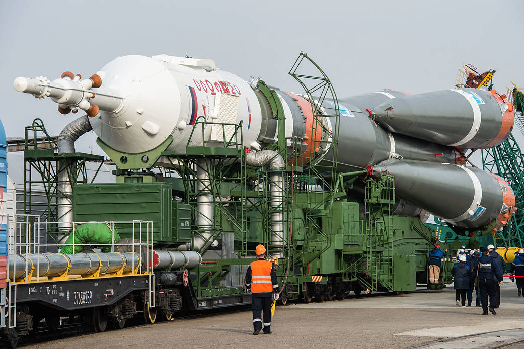 The Soyuz MS-16 spacecraft is transported to the launch pad