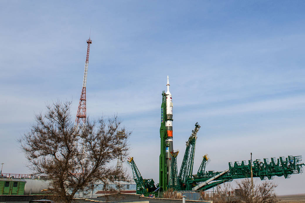 The Soyuz MS-16 spacecraft stands at the launch pad