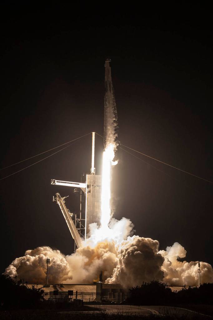 The SpaceX Falcon 9 rocket launches with the Dragon Freedom crew ship