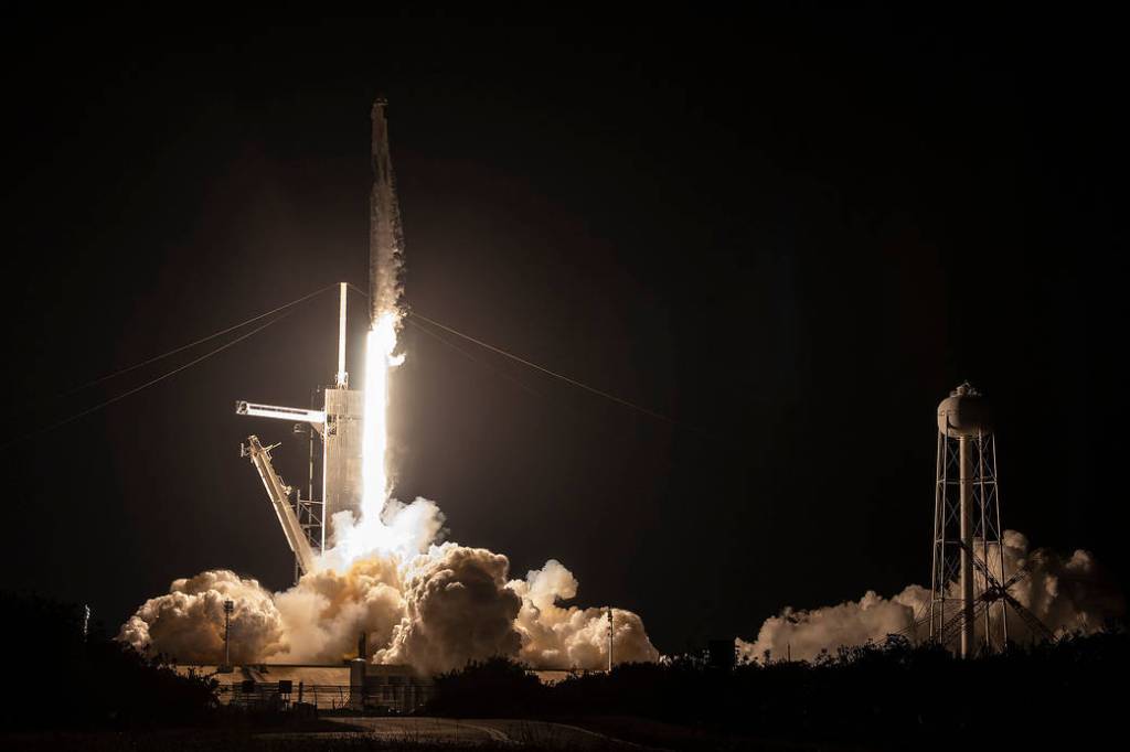The SpaceX Falcon 9 rocket launches with the Dragon Freedom crew ship