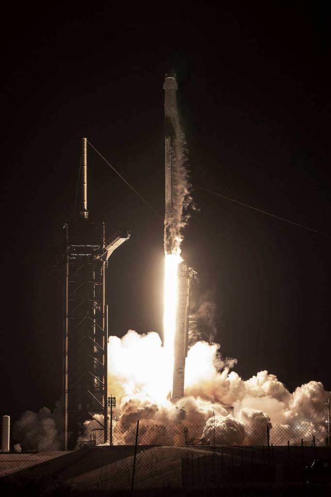 The SpaceX Falcon 9 rocket launches with the Dragon Freedom crew ship