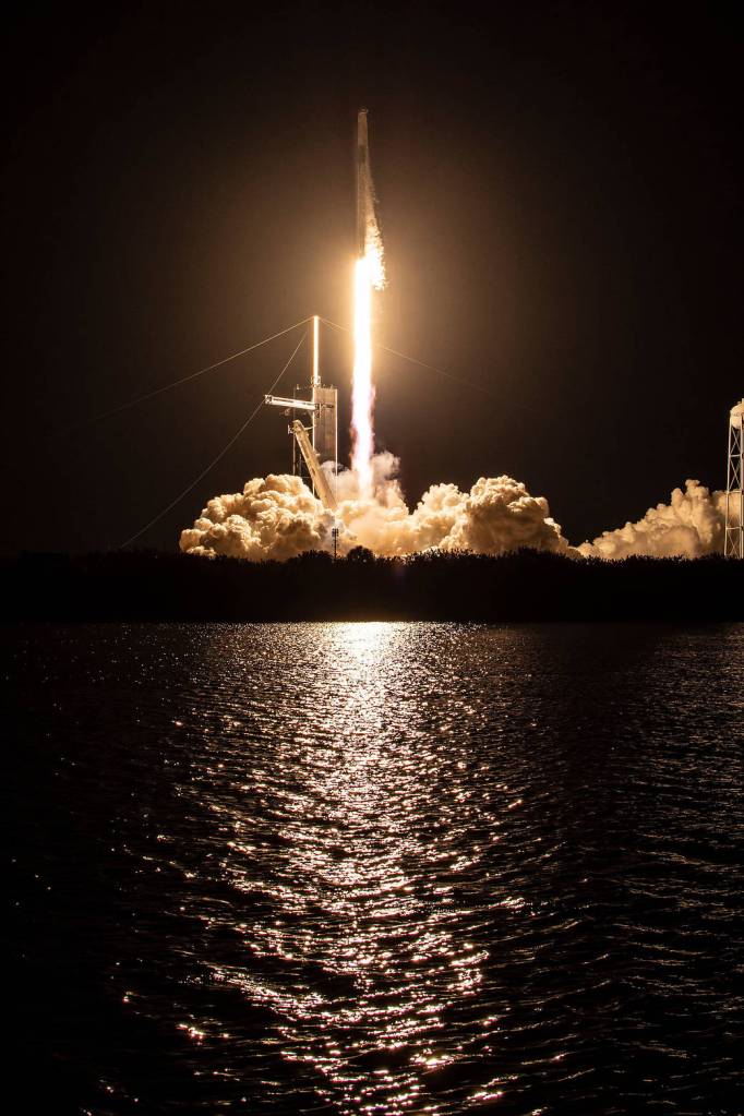 The SpaceX Falcon 9 rocket launches with the Dragon Freedom crew ship