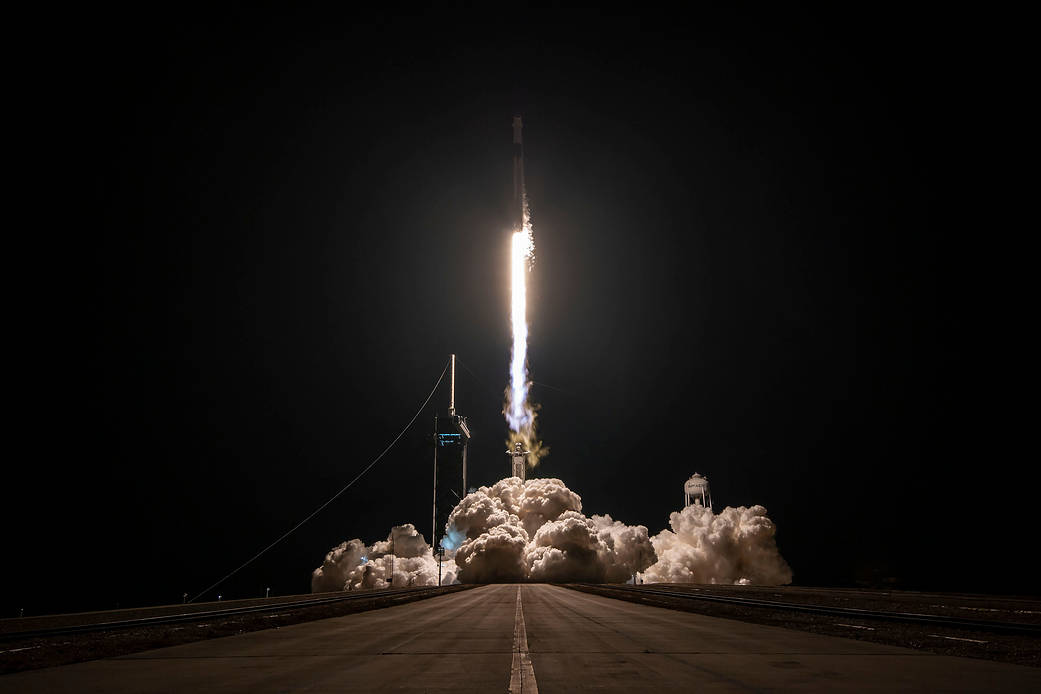 The SpaceX Falcon 9 rocket launches with the Dragon Freedom crew ship