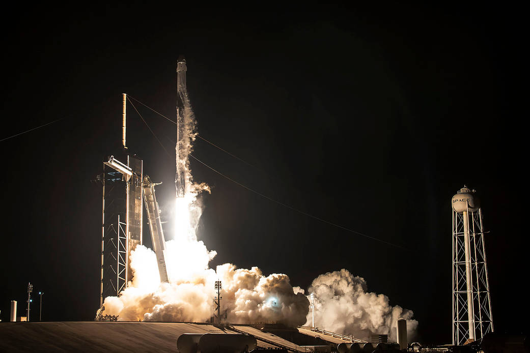 The SpaceX Falcon 9 rocket launches with the Dragon Freedom crew ship