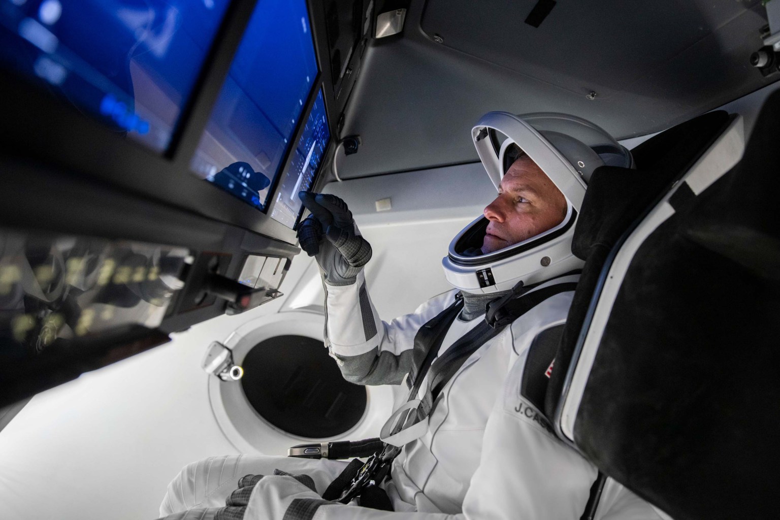 SpaceX Crew-5 Pilot Josh Cassada of NASA is pictured during a Crew Dragon cockpit training session at SpaceX headquarters in Hawthorne, California. 
