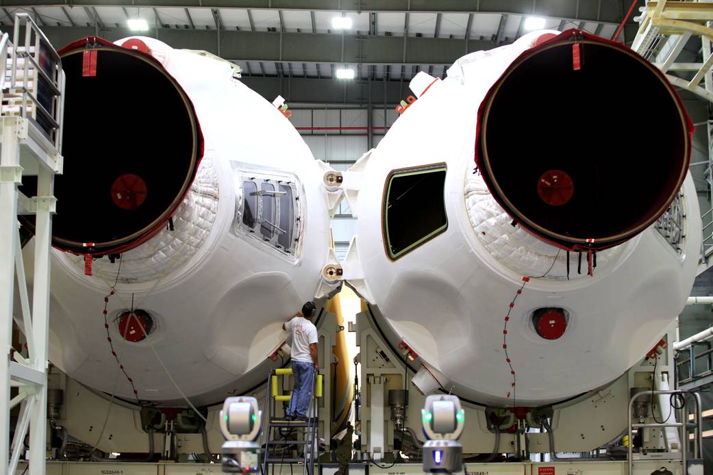 Primary core elements of the ULA Delta IV Heavy rocket at United Launch Alliance's Horizontal Integration Facility, Cape Canaver