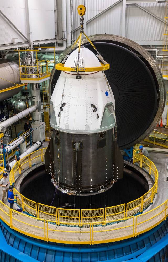 SpaceX’s Crew Dragon is at NASA’s Glenn Research Center, Plum Brook Station in Ohio, ready to undergo testing in the In-Space Propulsion Facility.