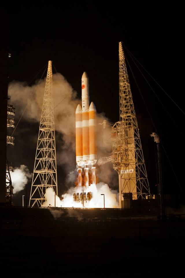 At Cape Canaveral Air Force Station’s Space Launch Complex 37, the United Launch Alliance Delta IV Heavy rocket with NASA's Parker Solar Probe, lifts off at 3:31 a.m. EDT on Sunday, Aug. 12, 2018. 