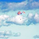 SpaceX’s Crew Dragon is guided by four parachutes toward the Atlantic Ocean on March 8 after returning from the International Space Station on the Demo-1 mission. 
