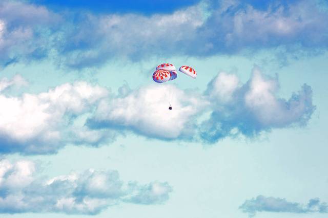 SpaceX’s Crew Dragon is guided by four parachutes toward the Atlantic Ocean on March 8 after returning from the International Space Station on the Demo-1 mission. 