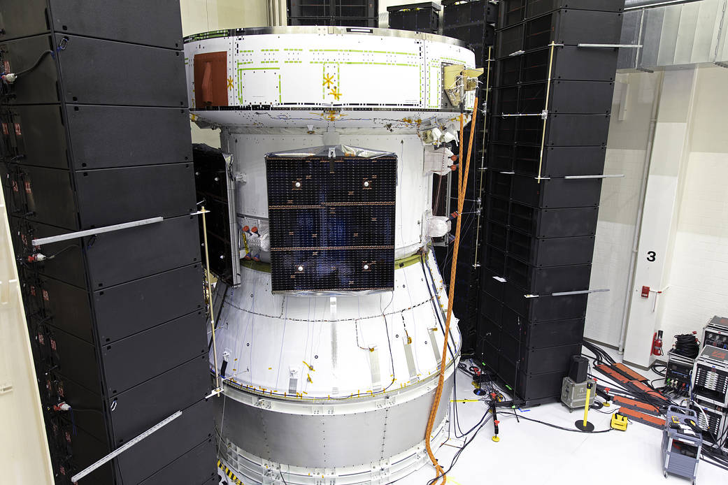 Orion’s service module for NASA’s Artemis 1 mission was moved from a test stand to a test cell inside the Operations and Checkout Building at NASA’s Kennedy Space Center in Florida on May 22, 2019.