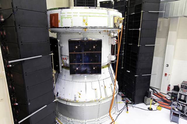 Orion’s service module for NASA’s Artemis 1 mission was moved from a test stand to a test cell inside the Operations and Checkout Building at NASA’s Kennedy Space Center in Florida on May 22, 2019. 