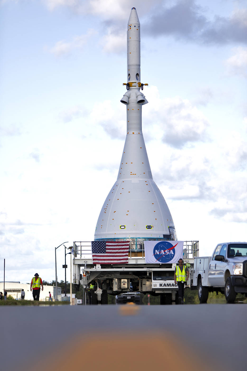 The test version of Orion attached to the Launch Abort System for the Ascent Abort-2 (AA-2) flight test exited the Launch Abort System Facility at NASA’s Kennedy Space Center in Florida on May 22, 2019. 