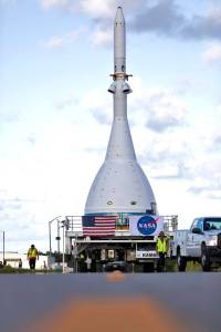 The test version of Orion attached to the Launch Abort System for the Ascent Abort-2 (AA-2) flight test exited the Launch Abort System Facility at NASA’s Kennedy Space Center in Florida on May 22, 2019.