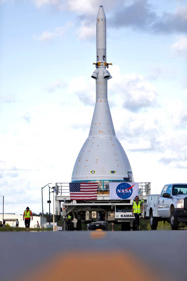 The test version of Orion attached to the Launch Abort System for the Ascent Abort-2 (AA-2) flight test exited the Launch Abort System Facility at NASA’s Kennedy Space Center in Florida on May 22, 2019. 