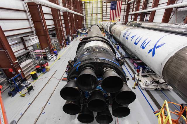 The SpaceX Falcon 9 rocket that will be used for the company’s In-Flight Abort Test arrives at SpaceX’s hangar at Launch Complex 39 at NASA’s Kennedy Space Center in Florida. 