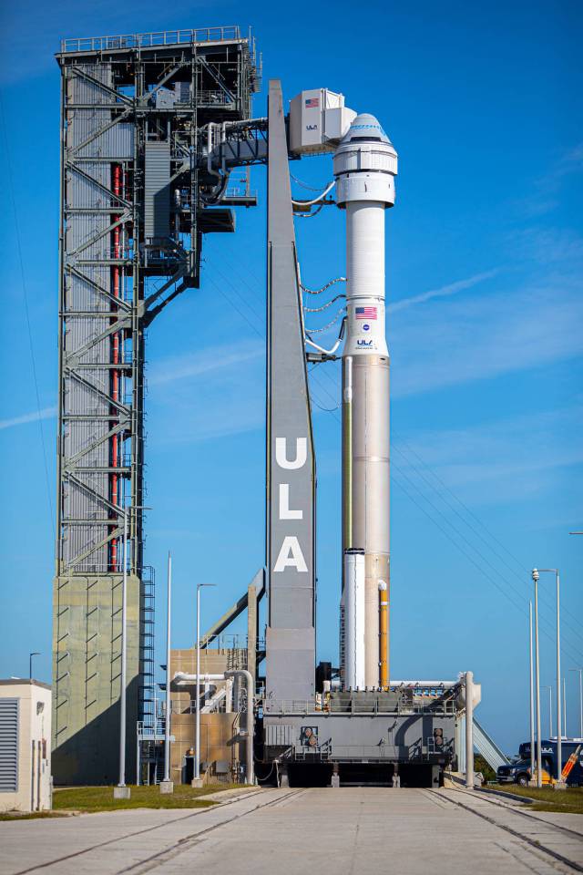 Boeing’s CST-100 Starliner spacecraft sits atop a United Launch Alliance Atlas V rocket at Cape Canaveral Air Force Station’s Space Launch Complex 41 in Florida on Dec. 5, 2019.