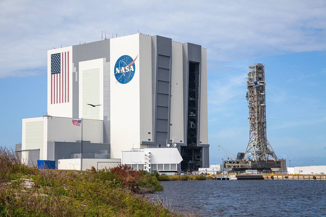 NASA's mobile launcher returns to the Vehicle Assembly Building on Dec. 20, 2019, at the Kennedy Space Center in Florida.
