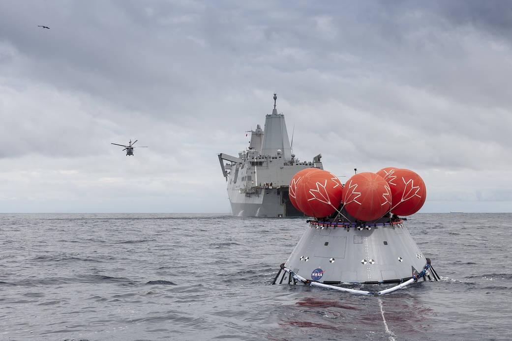 During Underway Recovery Test-8, NASA's Landing and Recovery team performed their first full mission profile test of the recovery procedures for Artemis I aboard the USS John P. Murtha in the Pacific Ocean.