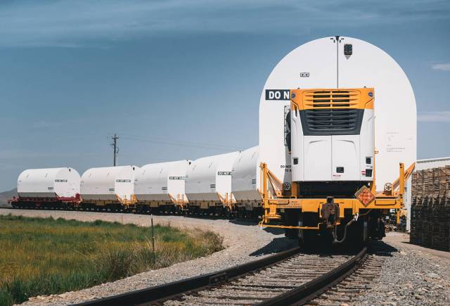A train carrying the rocket motors for NASA’s Space Launch System rocket.