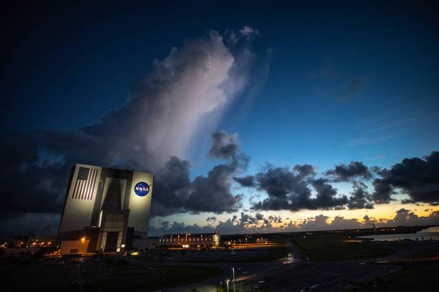 An early sunrise view of the iconic Vehicle Assembly Building (VAB) at NASA's Kennedy Space Center in Florida on July 25, 2020. 