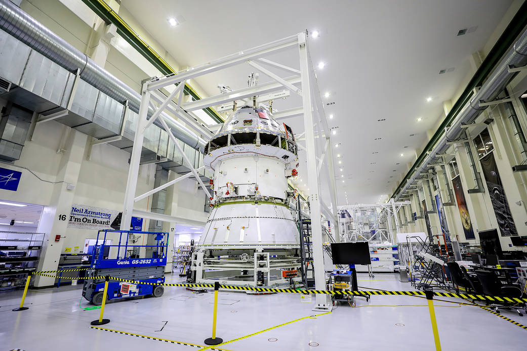 The Orion capsule sits atop the spacecraft adapter cone.