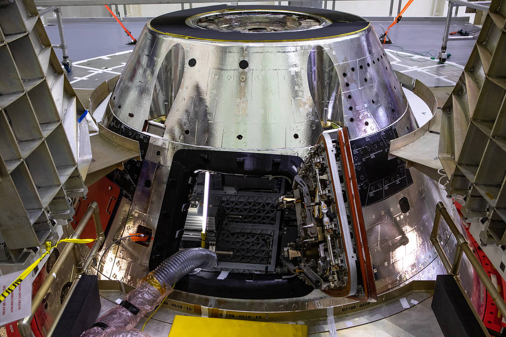 Orion's forward bay, which will protect the spacecraft during reentry into Earth's atmosphere, is installed on Nov. 23, 2020.