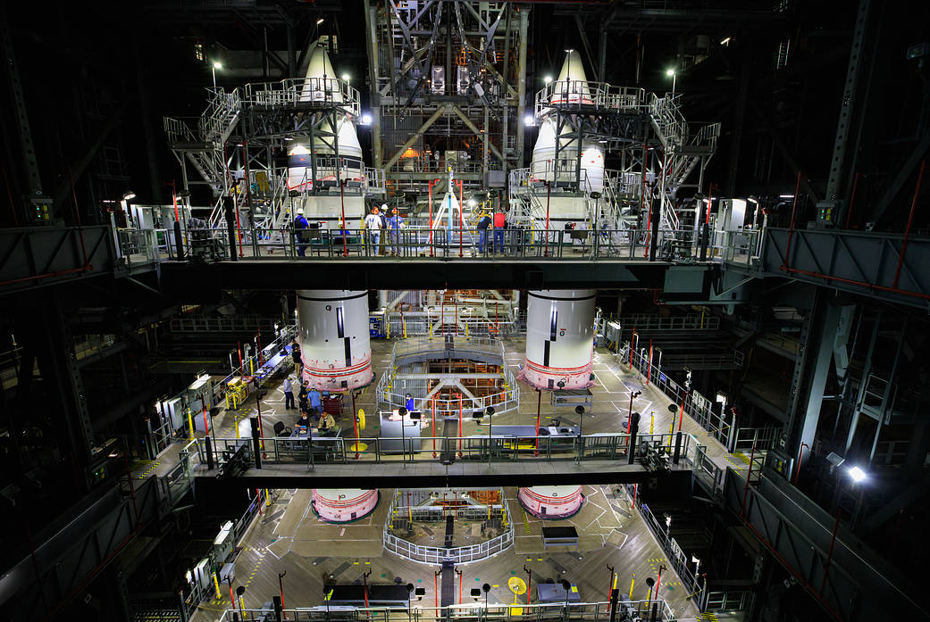 Stacking is complete for the twin Space Launch System (SLS) solid rocket boosters