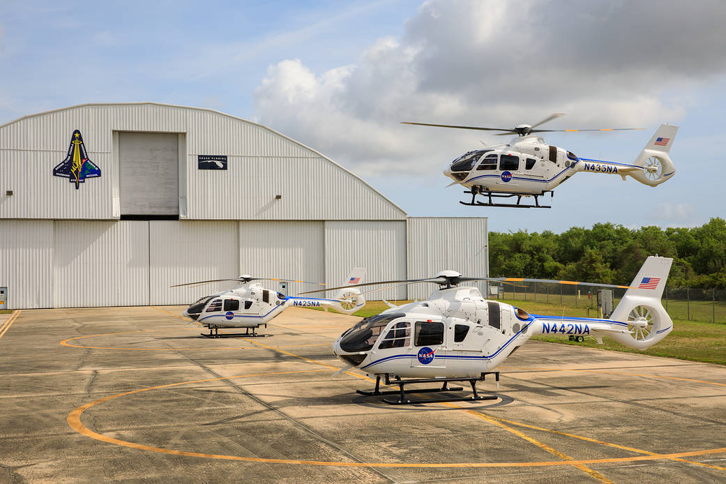 The third Airbus H135 helicopter arrives at Kennedy Space Center, completing the upgraded fleet of security aircraft.