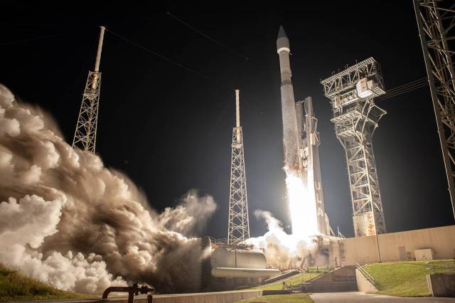 A United Launch Alliance V 401 rocket, with NASA’s Lucy spacecraft atop, powers off the pad at Cape Canaveral Space Force Station’s Space Launch Complex 41 in Florida.