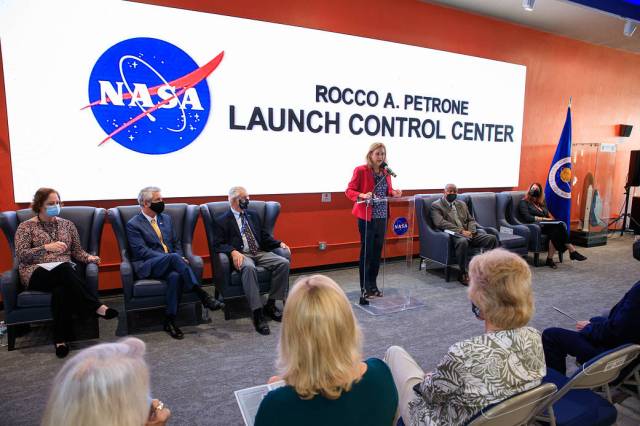 Kennedy Space Center Director Janet Petro speaks during a ceremony renaming the Florida spaceport’s launch control center to the Rocco A. Petrone Launch Control Center on Feb. 22, 2022. 