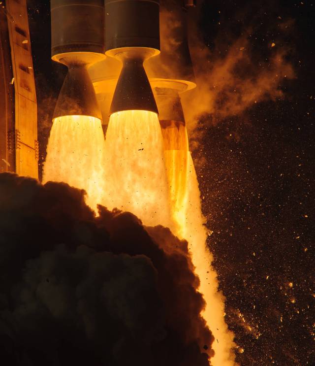 A close-up view of the first-stage engines as the United Launch Alliance Atlas V 541 rocket, carrying the National Oceanic and Atmospheric Administration’s Geostationary Operational Environmental Satellite-T.