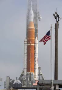 Standing atop the mobile launcher, NASA’s Space Launch System (SLS) rocket and Orion spacecraft arrive at Launch Pad 39B at the agency’s Kennedy Space Center in Florida.