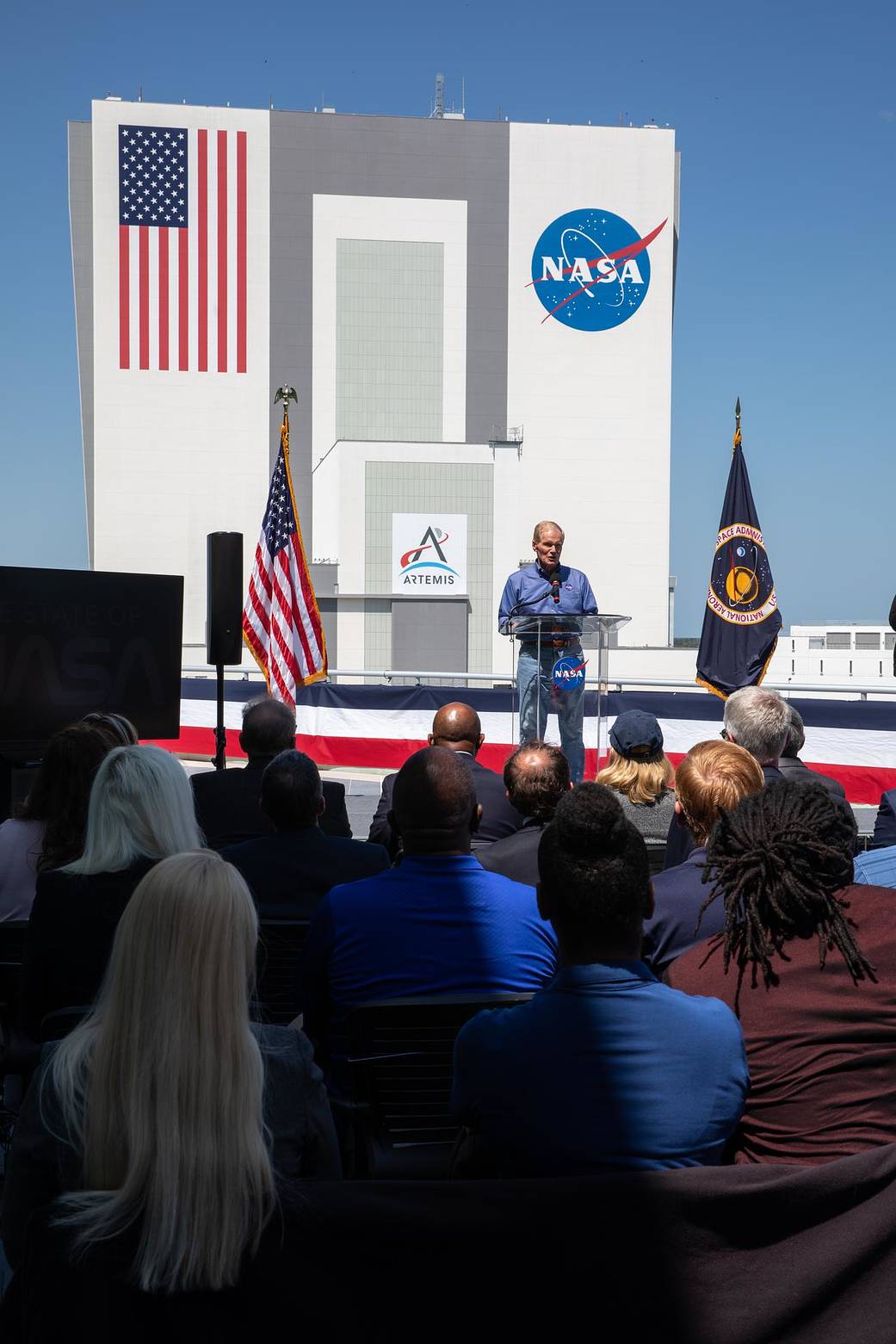 NASA Administrator Bill Nelson delivers the 2022 State of NASA address on March 28, 2022, from the agency’s Kennedy Space Center in Florida. 