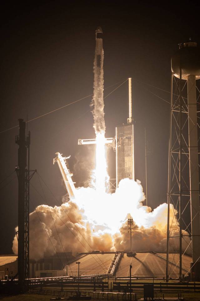 The SpaceX Falcon 9 rocket, with the company’s Crew Dragon atop, lifts off from Launch Pad 39A at Kennedy Space Center in Florida for NASA’s SpaceX Crew-4 mission.