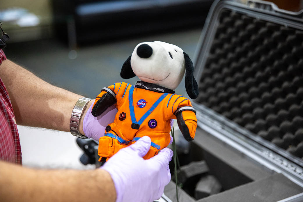 Snoopy, the zero-gravity indicator that flew aboard Orion during the Artemis I mission, is shown on Jan. 5, 2023, after being unpacked from his transport case.