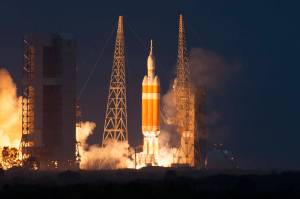 A Delta IV Heavy rocket lifts off from Space Launch Complex 37 at Cape Canaveral Air Force Station in Florida carrying NASA's Orion spacecraft on an unpiloted flight test to Earth orbit. Liftoff was at 7:05 a.m. EST.
