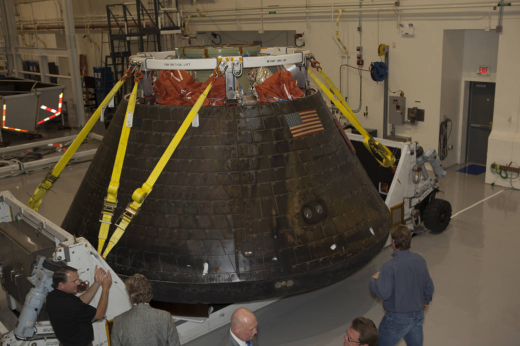 NASA's Orion spacecraft at the Launch Abort System Facility at NASA's Kennedy Space Center in Florida. Orion made the 8-day, 2,700-mile overland trip back to Kennedy from Naval Base San Diego in California.